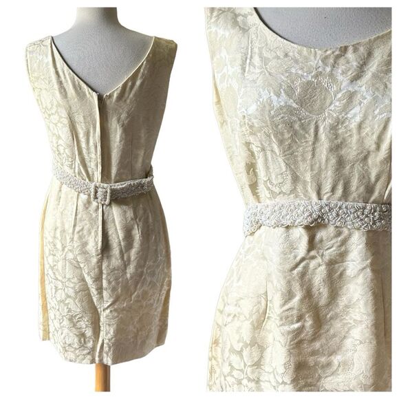 Vintage Handmade 1970s Brocade Ivory Mini Wedding Dress with Beaded Belt - Picture 3 of 10
